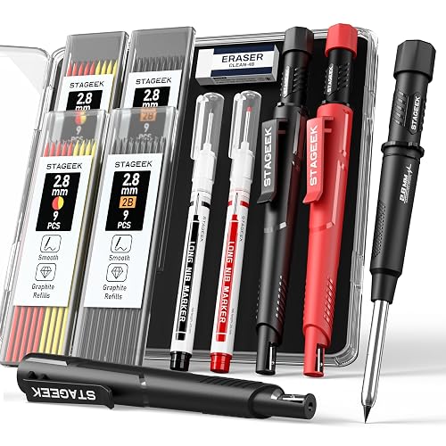 STAGEEK 2 Pack Carpenter Pencils with Sharpener, Mechanical Carpenter Pencils with 38 Refills, construction pencils heavy duty Woodworking Tools, Deep Hole Long Nib Marker Pens for Architect Marking