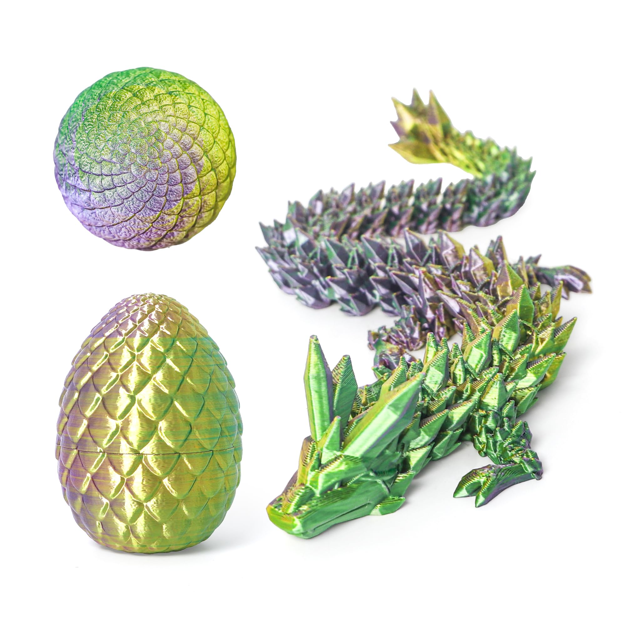 Flavery 3D Printed Dragon in Egg - Tricolor Egg with 12" Flexible Crystal Dragon Inside, Colorful Fidget Toy, Birthday Gift, Desk Pet Figure (Gold Green Purple)