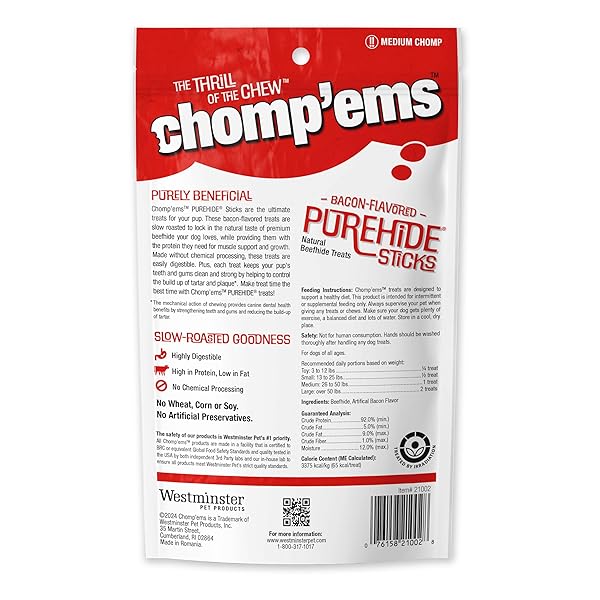 CHOMP ‘EMS PUREHIDE STICKS HEALTHY NATURAL RAWHIDE DOG CHEW, 4 OZ