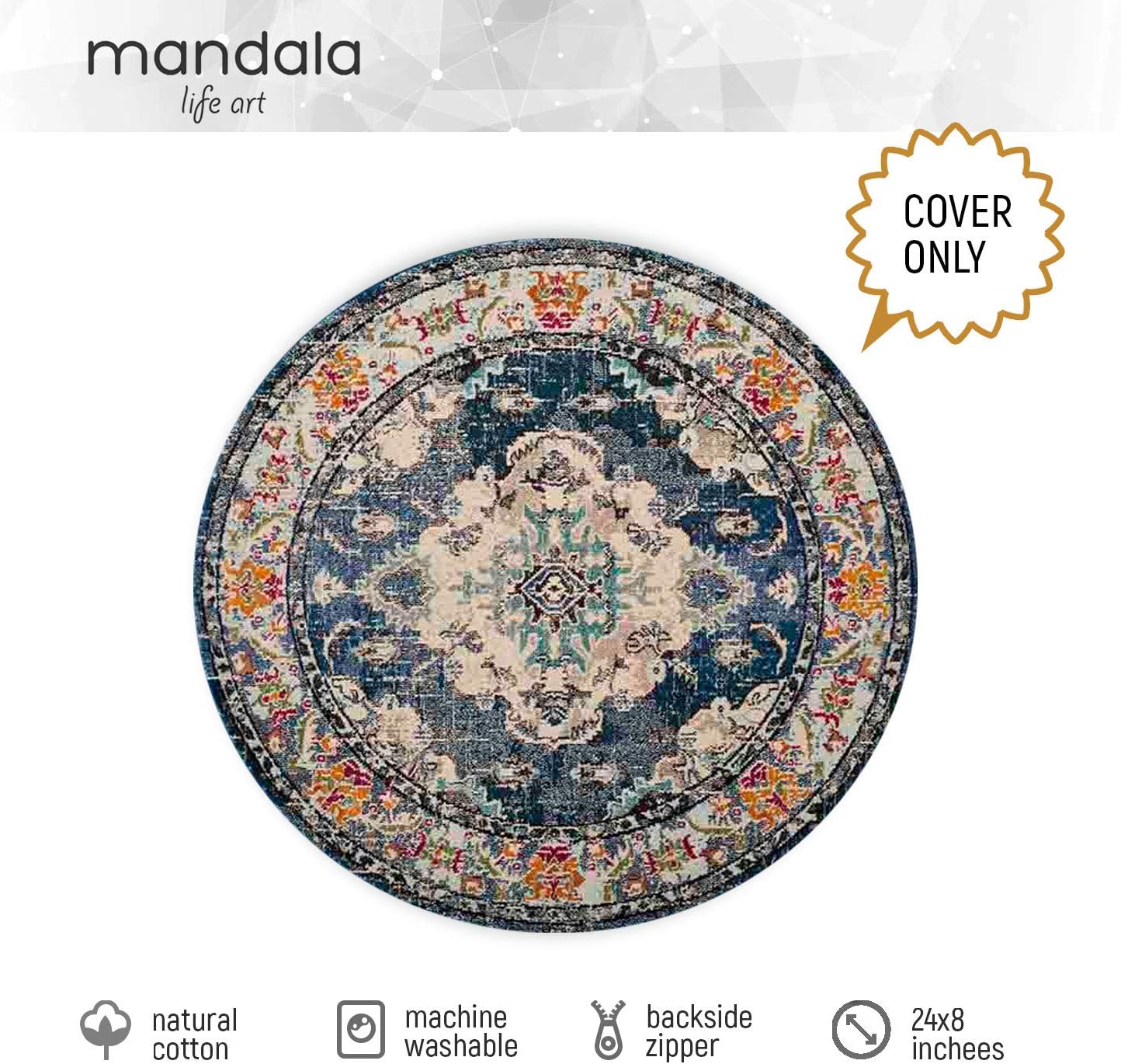 Mandala Life ART Bohemian Yoga Decor Floor Cushion Cover - 24x8 inches - Round Meditation Carpet Pillow Case - Printed Cotton Rug Pouf: Furniture & Decor