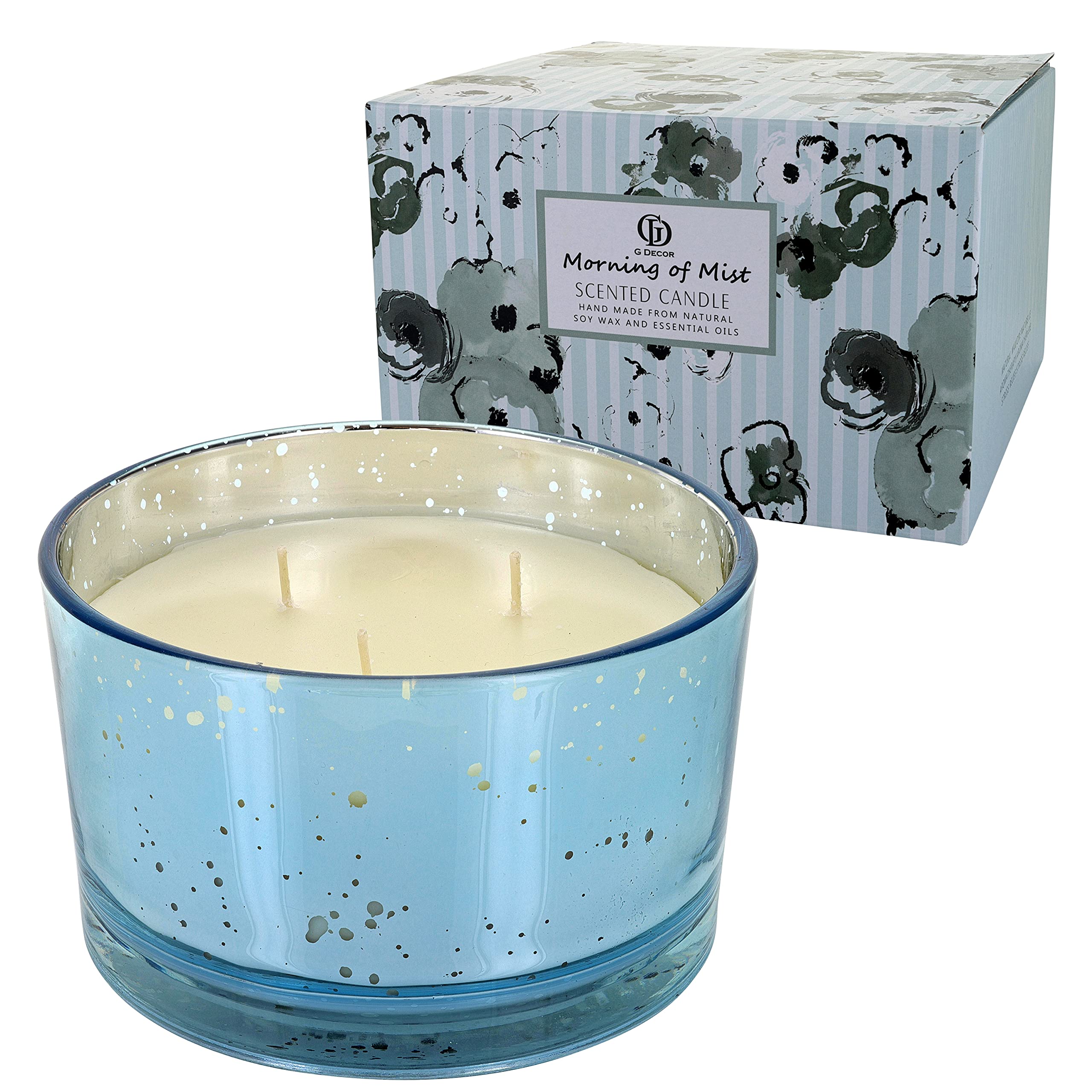 G Decor Extra Large Jar Candle, Cotton Mist Scented, Natural Aroma Soy Wax, Electroplate Light Blue Glass, Great New Home Welcoming Gift, Black Smoke Free
