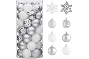 Valery Madelyn Christmas Tree Decorations Ornament Set Decor, 50ct White and Silver Shatterproof Christmas Ball Ornaments Bulk, 2.36 Inches Hanging Decor for Xmas Holiday Party