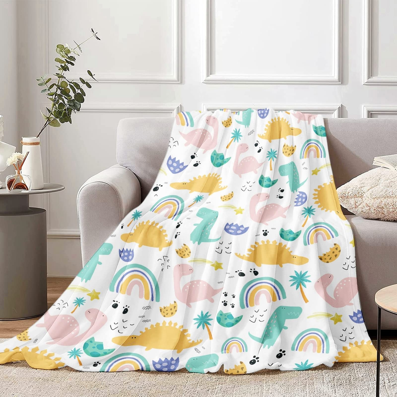 Lingqiang Dinosaur Throw Blanket for Boys, Soft Cozy Fluffy Flannel Gift Kids, 100 x 130 cm Warm Plush Fleece Toddler Girls, Suitable Sofa Bed Couch Nursery Decor, White