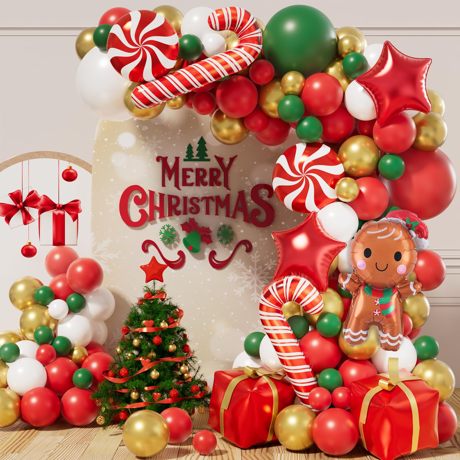 Christmas Garland Arch Kit with 126pcs Balloons - Red, Green, White, Gold; Includes Gingerbread Man, Red Star and Candy Cane Balloons for Party Decorations — image 1
