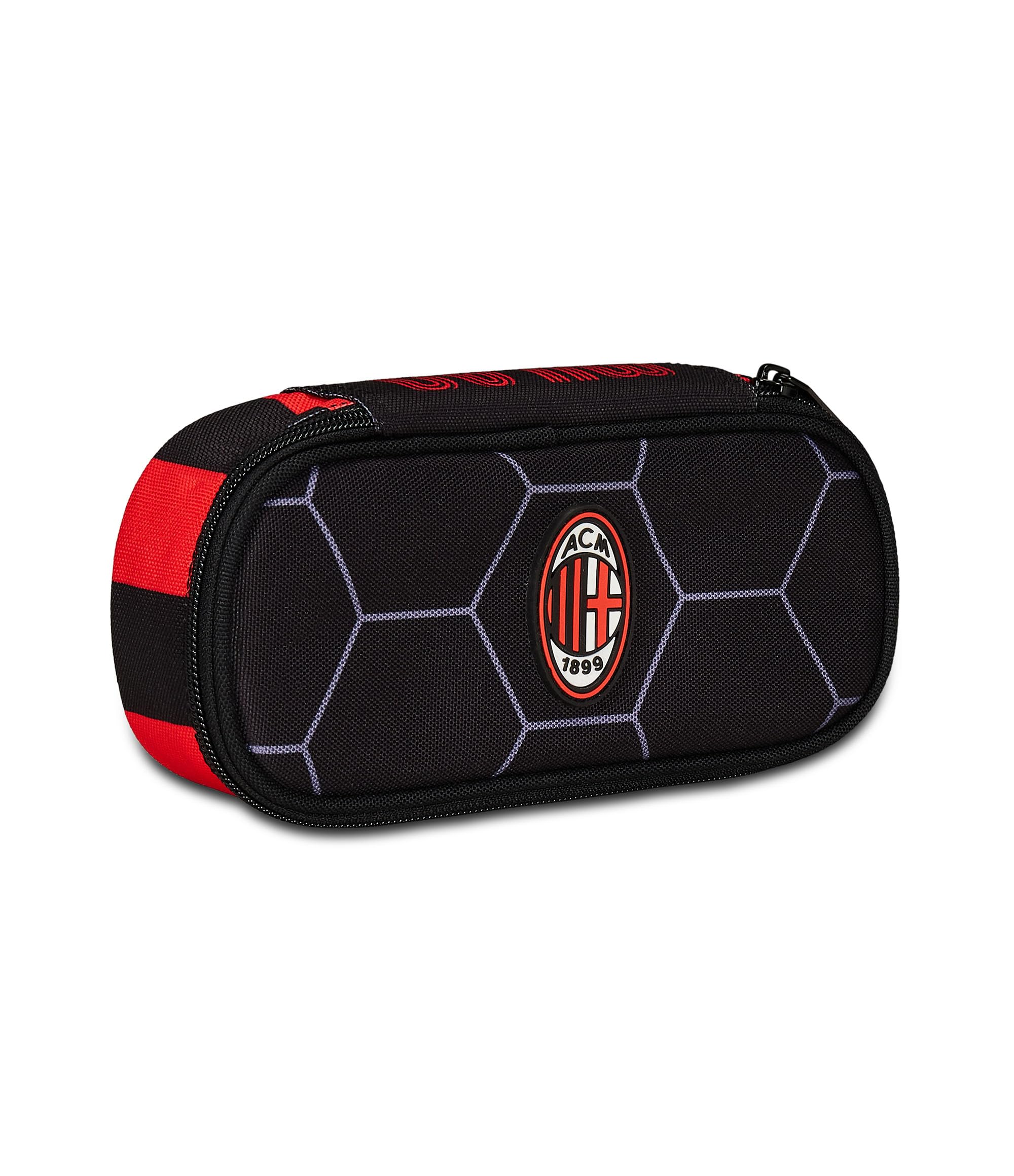 Seven Round Plus School Pencil Case – A.C. Milan Football – Path of Victory, Black Red – Monozip School Pencil Case with Internal Organizer, Elastic Loops – School Backpack Accessories – Children's