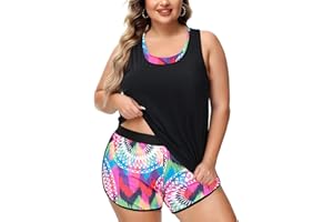NIeyook Women Plus Size 3 Piece Tankini Swimsuits Athletic Bathing Suits with Boy Shorts Tank Top with Sports Bra