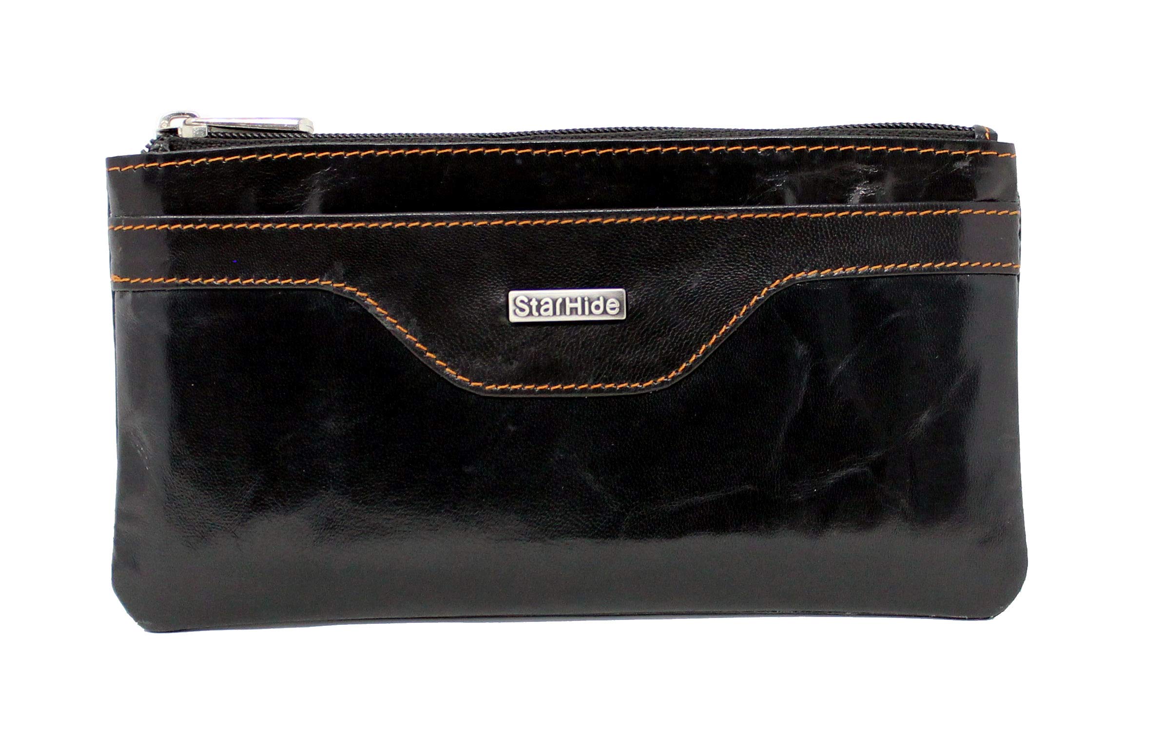 STARHIDE Girls Women RFID Blocking Slim Thin Money Pouch Genuine Leather Credit Card and ID Holder Zipper Wallet 640 (Black)