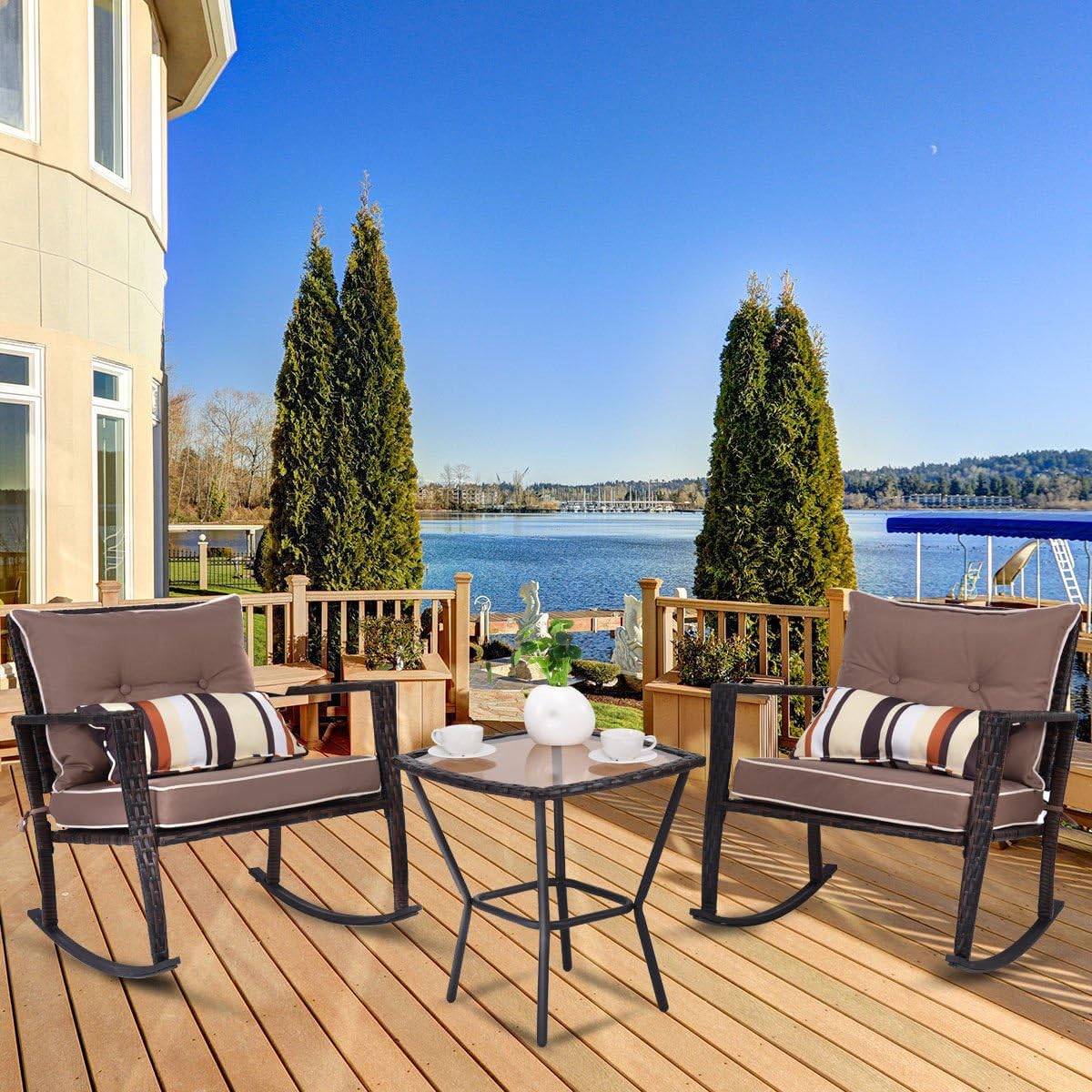 Tangkula AM1483HM Rocking Set 3 Piece Outdoor Patio Garden Poolside Wicker RATT, Brown: Garden & Outdoor