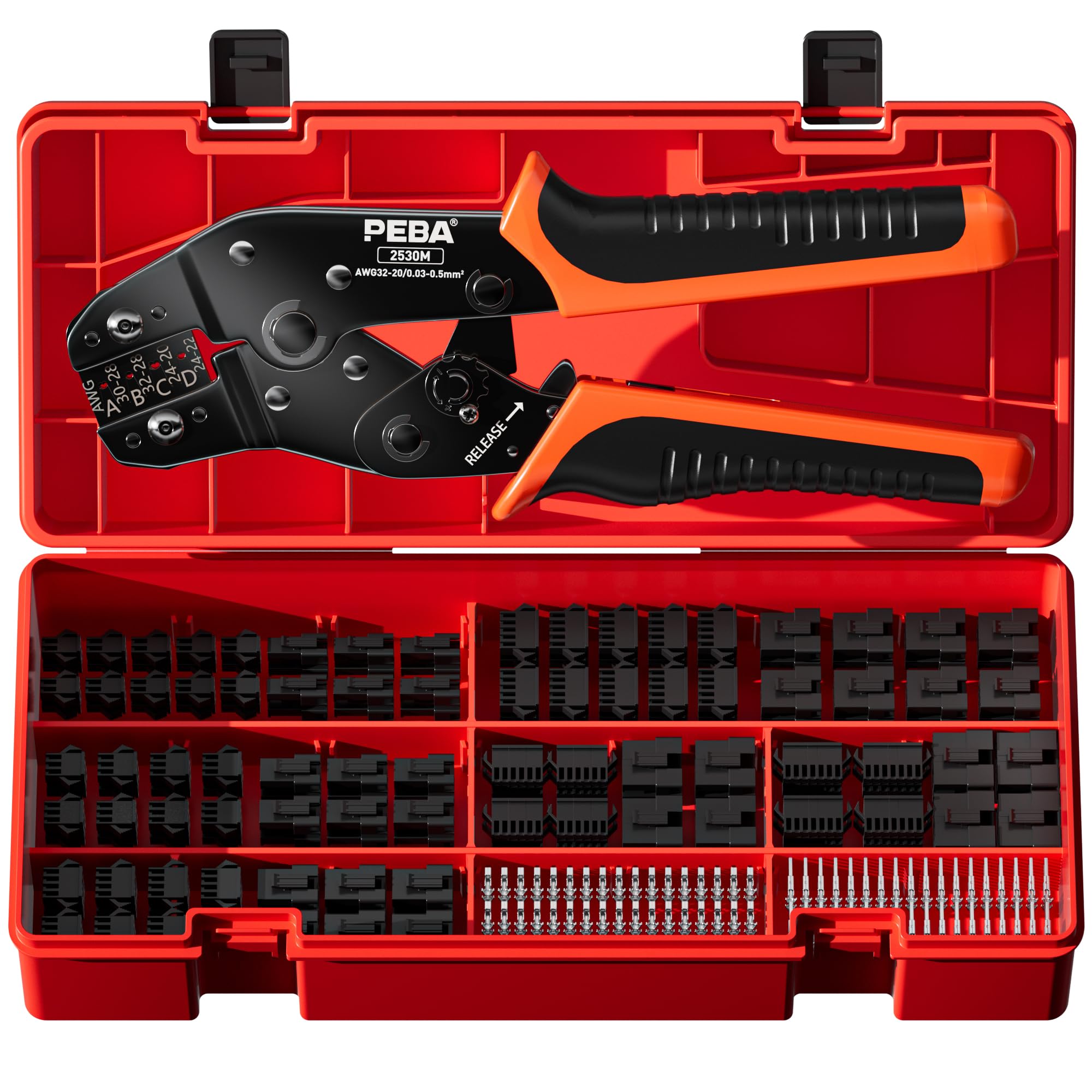PEBA Crimping Tool and JST Connector Kit - 14 Types of 2.5 mm JST-SM Connectors & Crimp Pins, 2/3/4/5/6/7-Pin JST Housings and Contacts, for DIY Electronics - Suitable for 0.03-0.5 mm² Wires