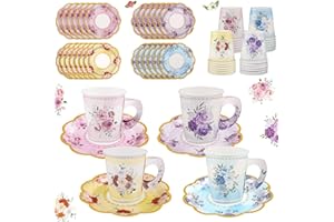 NatNarr 24 Sets Disposable Paper Tea Cups 7 OZ Floral Tea Party Cups with Handle and Plates Teacups and Saucer Sets for Mothe