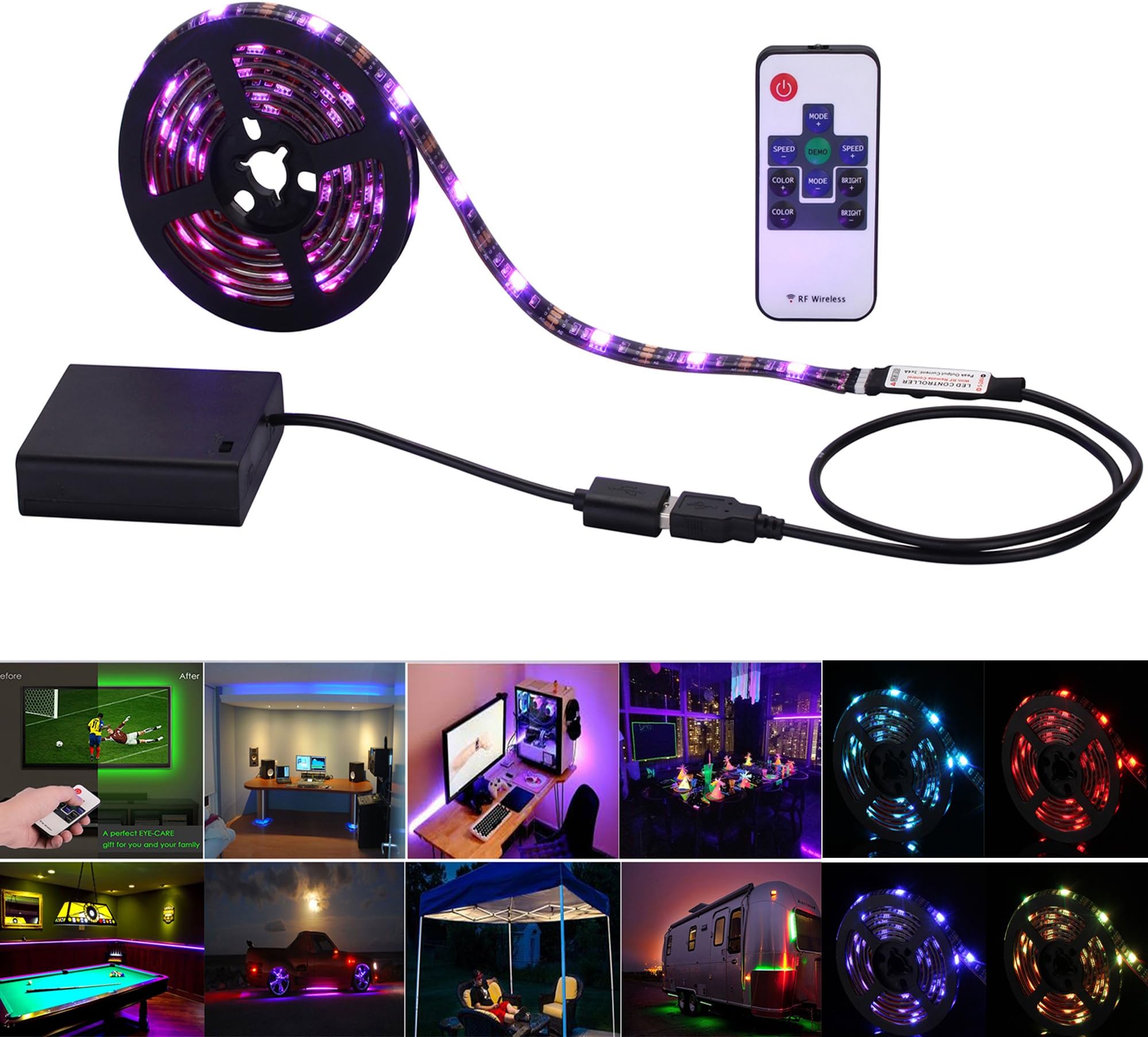 Inwaysin Led Strip Lights USB Battery Powered RGB Strip Light 6.56ft(2M) 60leds Flexible Tape Light with RF Remote Controller for HDTV, Flat Screen TV Accessories and Desktop PC, Multi Color
