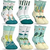 hometrixx 6 Pairs Kids Girls Socks Funny Cartoon Turtle Seaweed Fish Green White Breathable Crew Sock aged for 1-7 Years