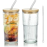 Joeyan 24 oz Clear Glass Tumbler with Straw and Bamboo Lid,Ribbed Large Glasses Cups for Iced Tea Coffee Smoothie Water Juice Beverages Soda,Thickened Drinking Jar,Set of 2,Dishwasher Safe