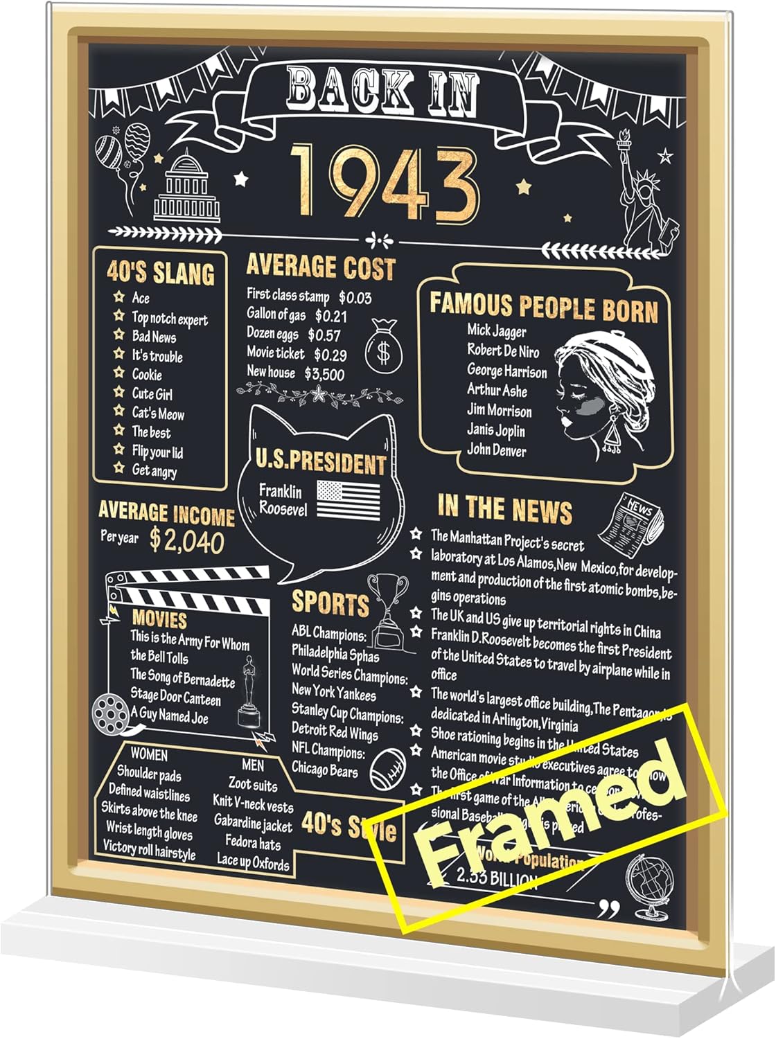 Wall Décor - Yoniko 80th Birthday Decorations Women Men Framed with Stand, 8x10 DOUBLE-SIDED Back in 1943 80th Birthday Cards, Vintage Table Decor for 80th Anniversary,1943 Party Supply, 80th Birthday Gifts, Gold