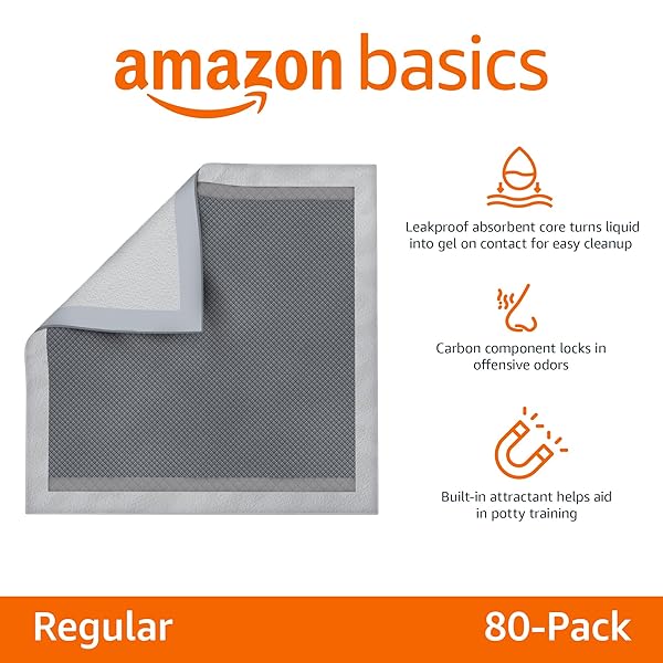 AMAZON BASICS DOG AND PUPPY PEE PADS WITH 5-LAYER LEAK-PROOF DESIGN AND SUPER ABSORBENT SURFACE FOR POTTY TRAINING, ODOR-CONTROL CARBON, REGULAR SIZE, 22 X 22 INCH – PACK OF 80, GRAY