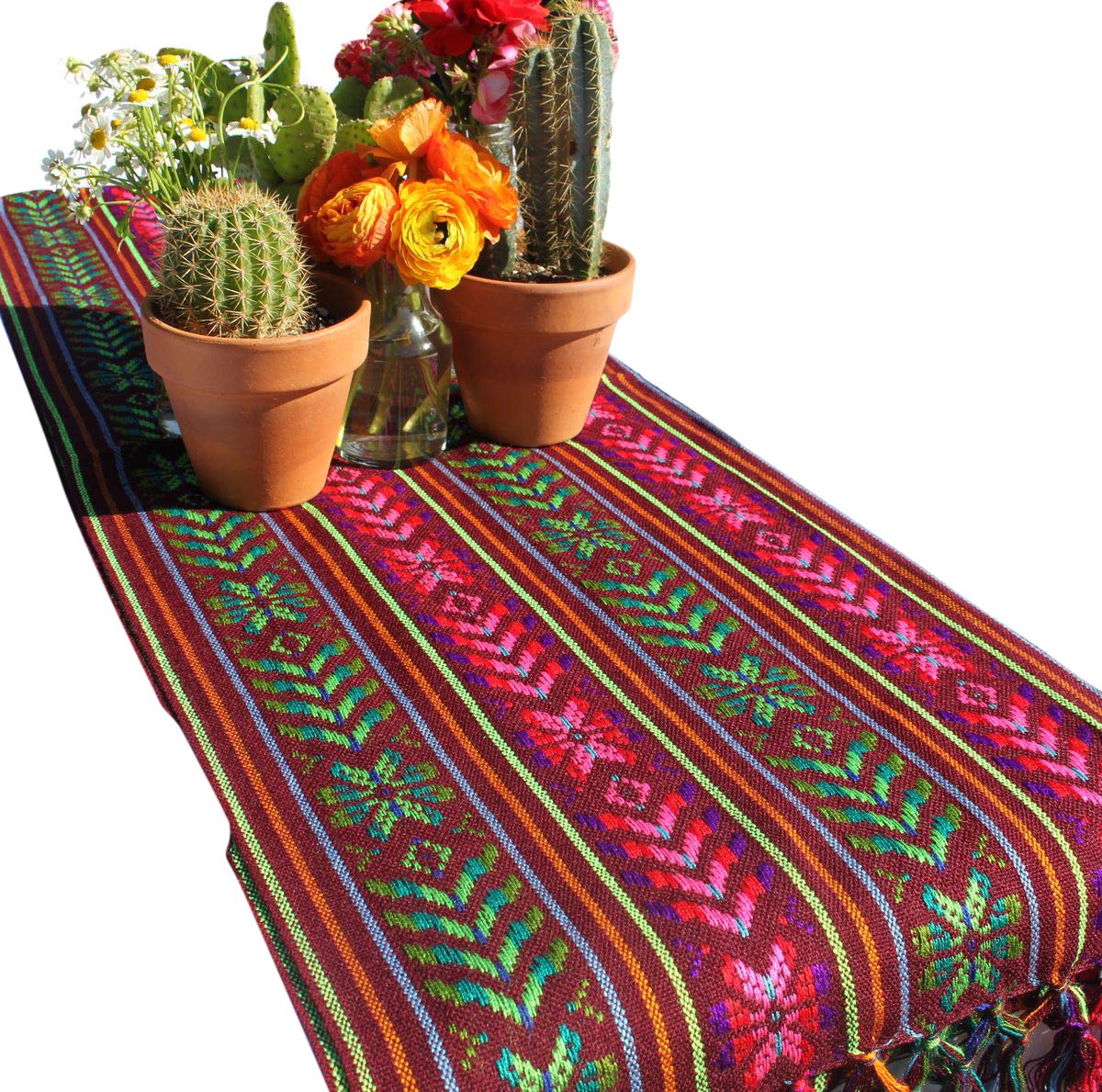 Photo 1 of Del Mex Woven Rebozo Style Mexican Table Runner Scarf (Maroon)