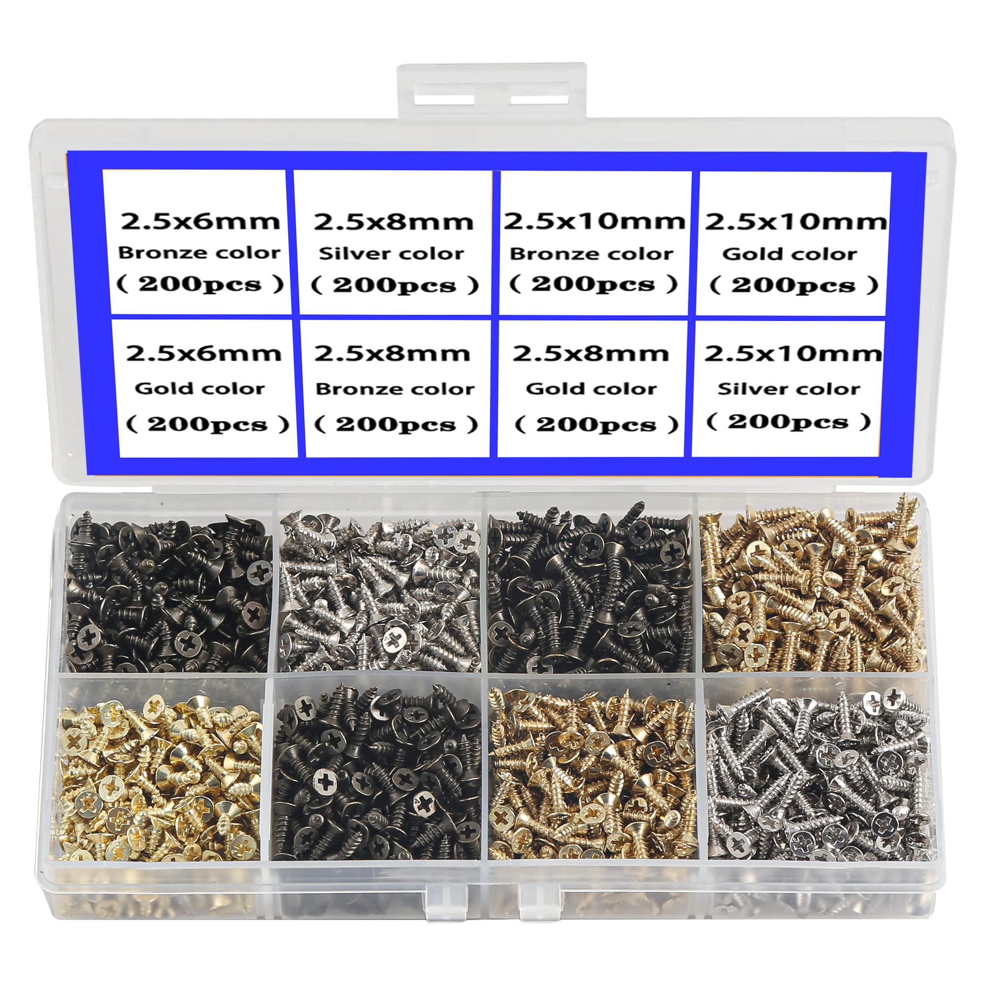 2.5MM Small Screw Flat Head Cross Wood Screws Self Tapping Screw Dssortment Cabinet Multifunctional DIY Micro Fasteners Screw Set Gold Black Silver 1600pcs — image 1