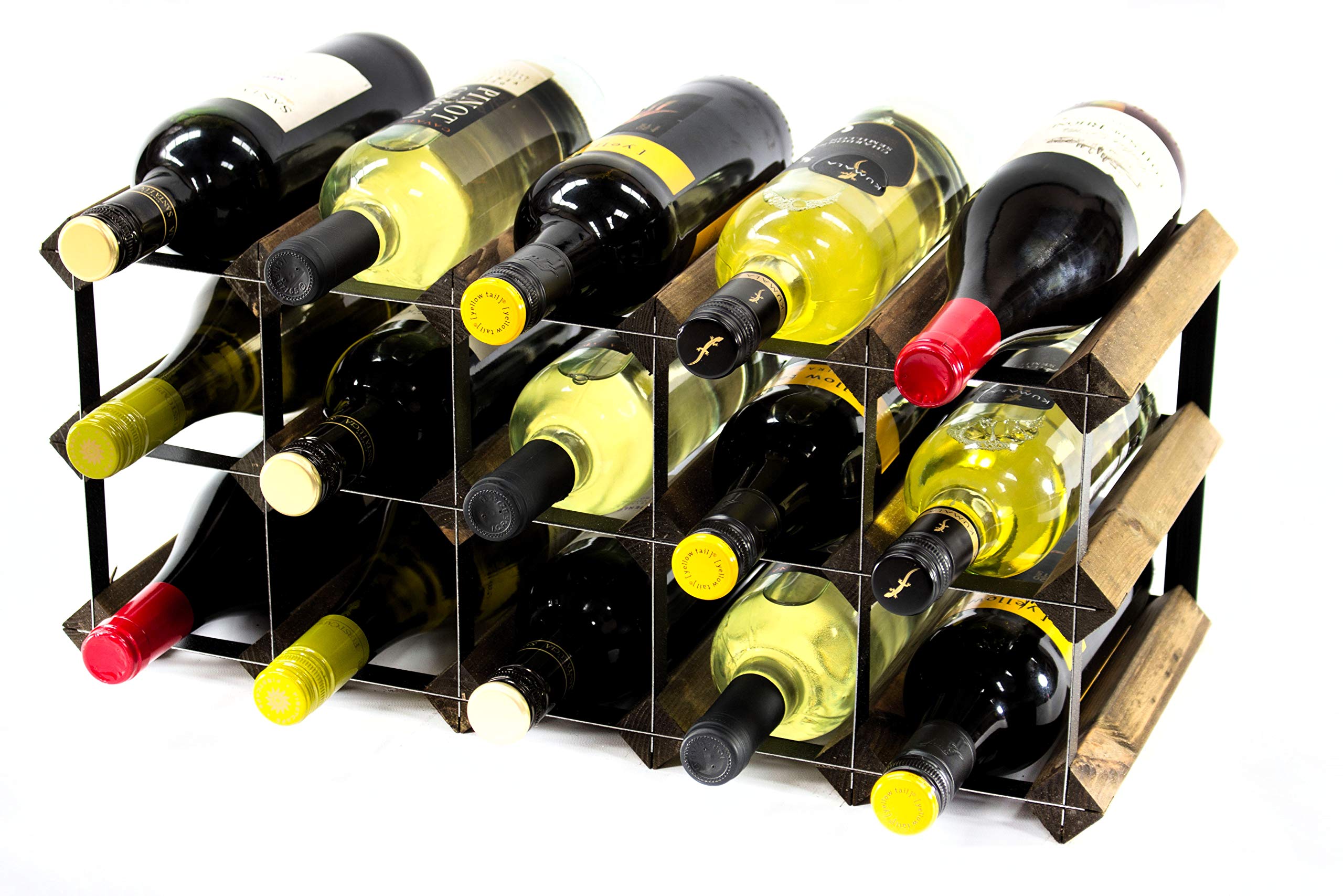 Classic 15 Bottle Walnut Stained Wood and Black Metal Wine Rack Ready Assembled