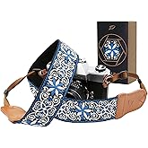 Padwa Lifestyle Camera Strap - 2" Cowhide Head Camera Straps for Photographers,Vintage Jacquard Embroidery Woven Cotton Adjustable Shoulder Neck Straps for Cameras,Binoculars(Blue Floral)