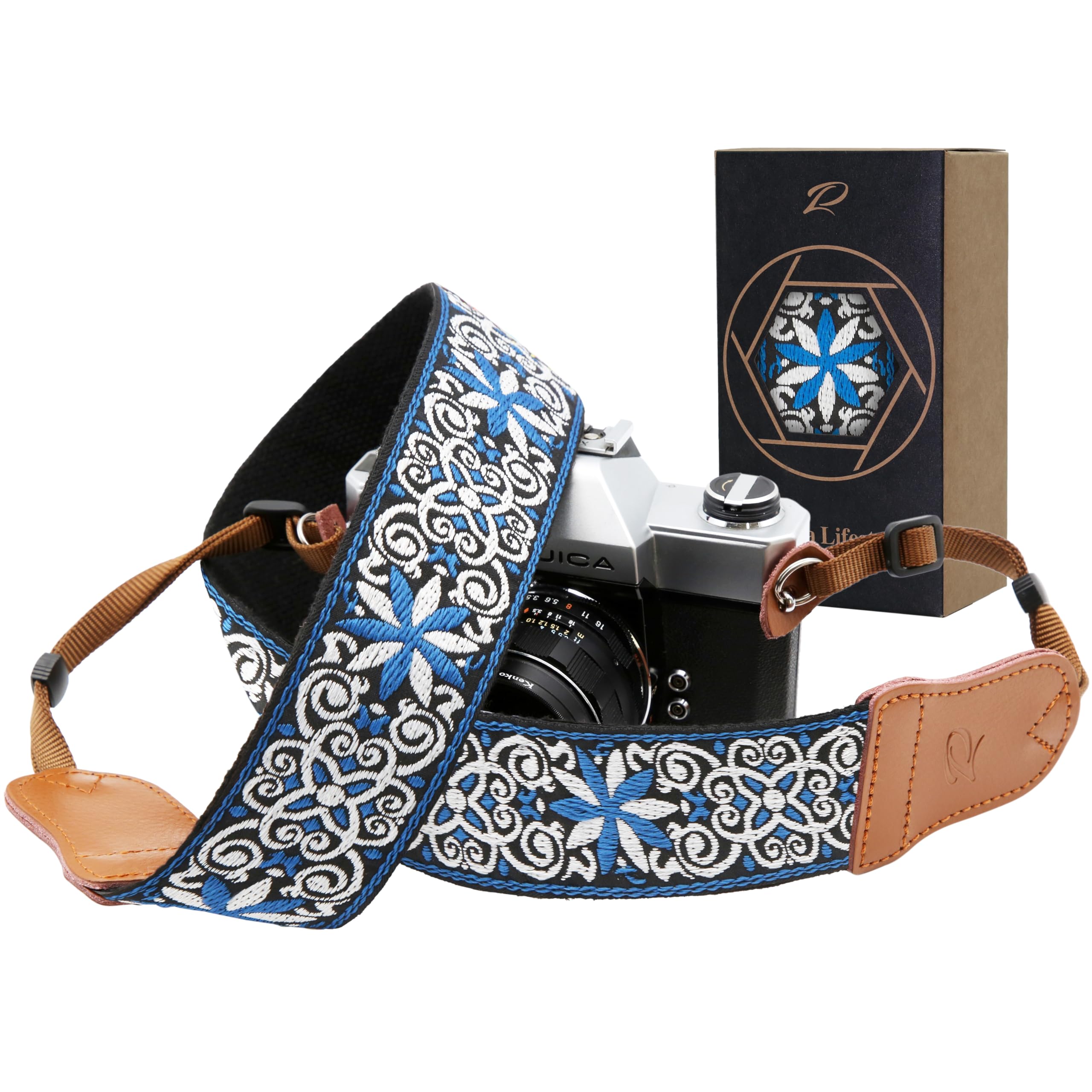 Padwa Lifestyle Blue Flower Camera Strap - 2" Wide Cowhide Head, Embroidered Cotton Woven Vintage Camera Straps,Universal Neck & Shoulder Strap for All DSLR Cameras and Men & Women Photographers