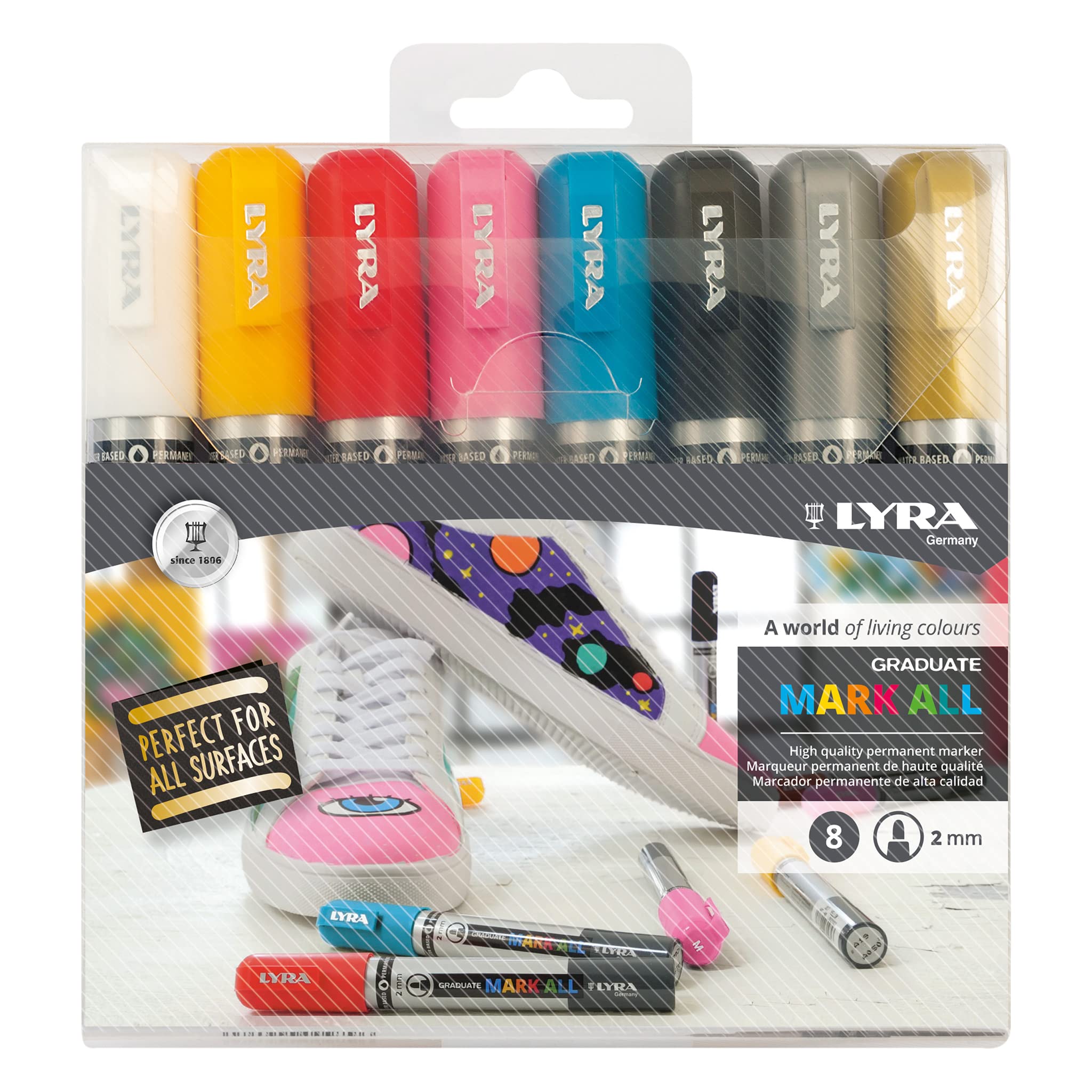 LYRA Graduate Mark All Multisurfaces Permanent Marker, 2mm Round Tip, 8 Assorted colours, Ideal for Students and Schools