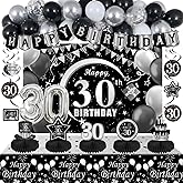 30th Birthday Decorations, Black Silver 30 year old Birthday Banner Decoration for Men Women, Thirty Birthday Table Decor, Black Silver 30th Birthday Balloons with Silver 30 Number Balloons for Her