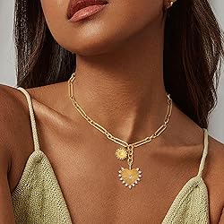 BONJOULRY Chunky Gold Sun Heart Pendant Necklace