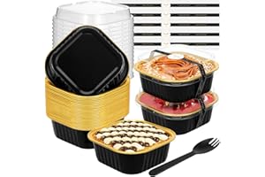 JuneHeart Mini Cake Pans with Lids and Spoons (30 Pack, Black-gold, 10oz) Aluminum Foil Square Muffin Pans - Mini Aluminum Pans with Lids for Dessert and Party