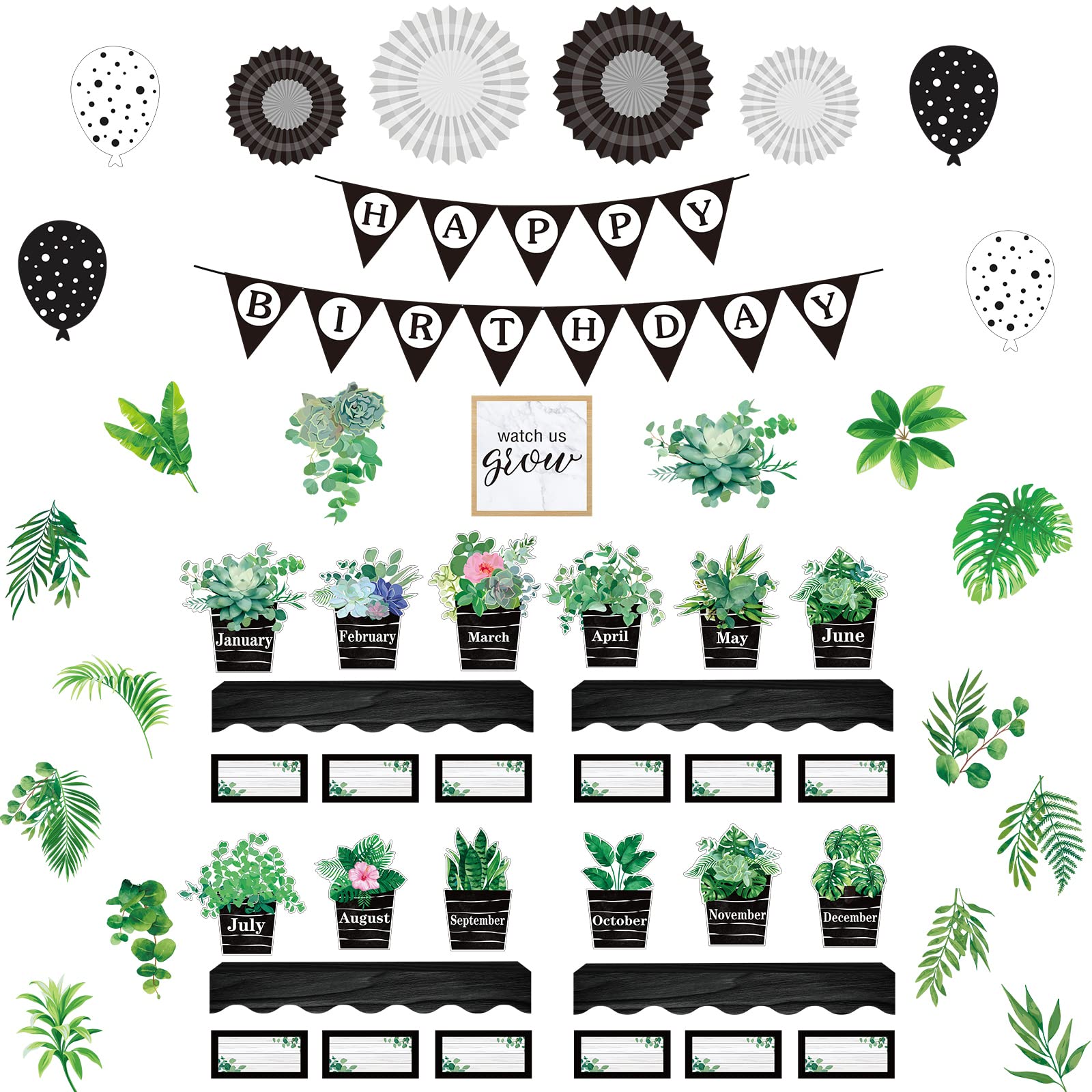 Photo 1 of Ireer 95 Pcs Happy Birthday Bulletin Board Set - Boho Plant Calendars Pocket Chart Decor - Eucalyptus Classroom Decorations for Teachers Elementary Middle School