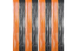 FECEDY 2 Packs 3.3ft x 6.6ft Orange Black Metallic Tinsel Foil Fringe Curtains Photo Booth Props for Halloween Birthday Bridal Shower Baby Shower Bachelorette Holiday Celebration Party Decorations