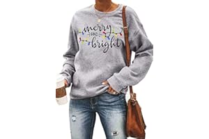 LHBNK Christmas Sweatshirt Women Merry and Bright Christmas T-Shirt Funny Xmas Lights Blouse Tops Holiday Shirts