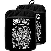 GOOZHO Funny Gothic Skeleton Pot Holders with Pockets, Dark Academia Goth Skull Butterfly Floral Oven Pot Holders Heat Resistant Oven Mitts Hot Pads for Kitchen Baking Cooking