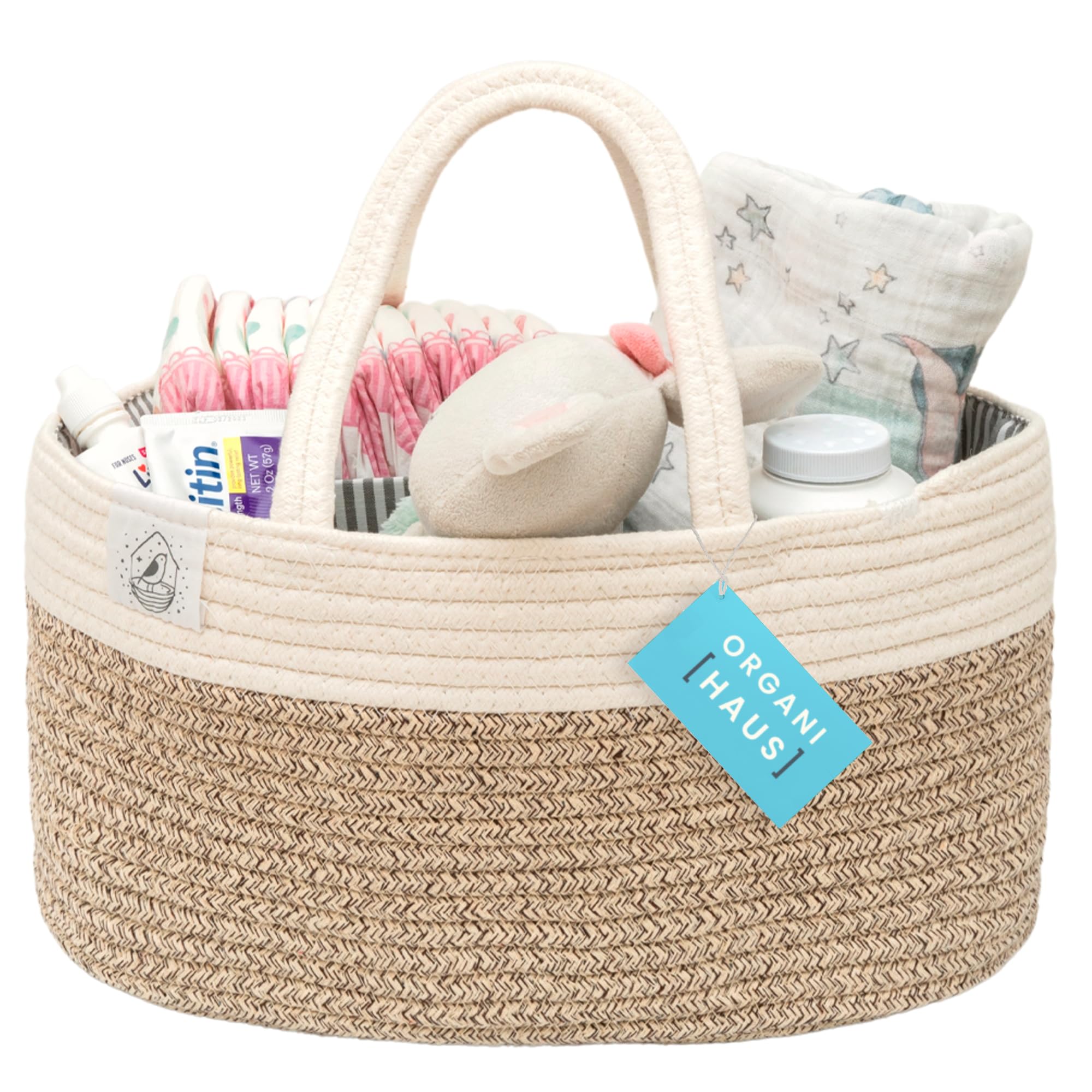 OrganiHaus Nappy Caddy Organiser, Premium Cotton Rope Diaper Caddy Basket, Newborn Essentials Storage Tote, Baby Changing Organiser, Baby Basket for Shower Gift - Brown