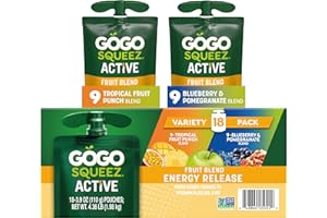 GoGo squeeZ Active Fruit Blend Energy Release|18-Count Variety Pack|Tropical Fruit Punch and Blueberry & Pomegranate|Made with Real Fruit and B Vitamins