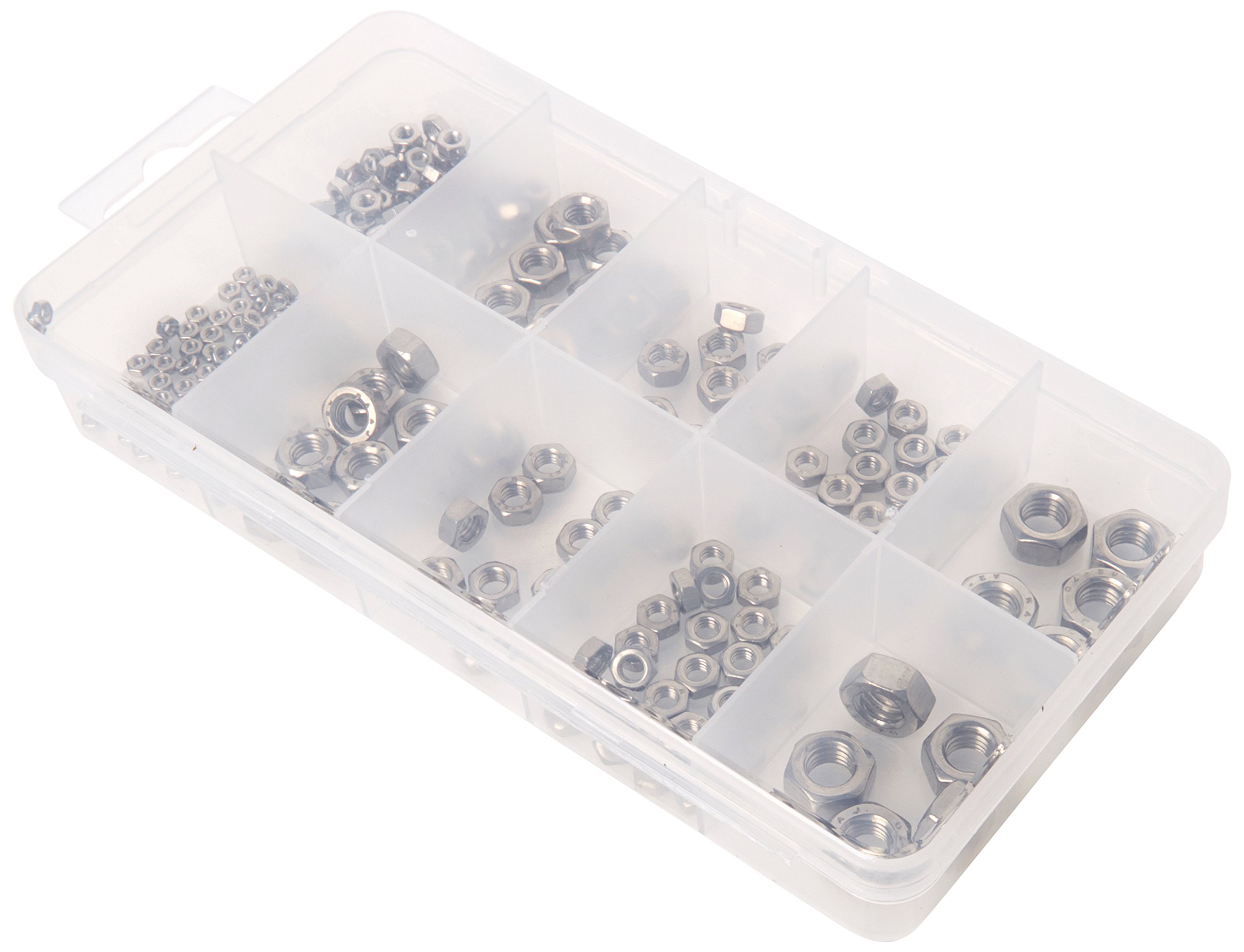 Merriway BH06563 (225 Pcs) Assortment of Marine Grade AISI 316 Stainless Steel Hex Nuts in a 10 Compartment Carry Case - Pack of 225 Pieces