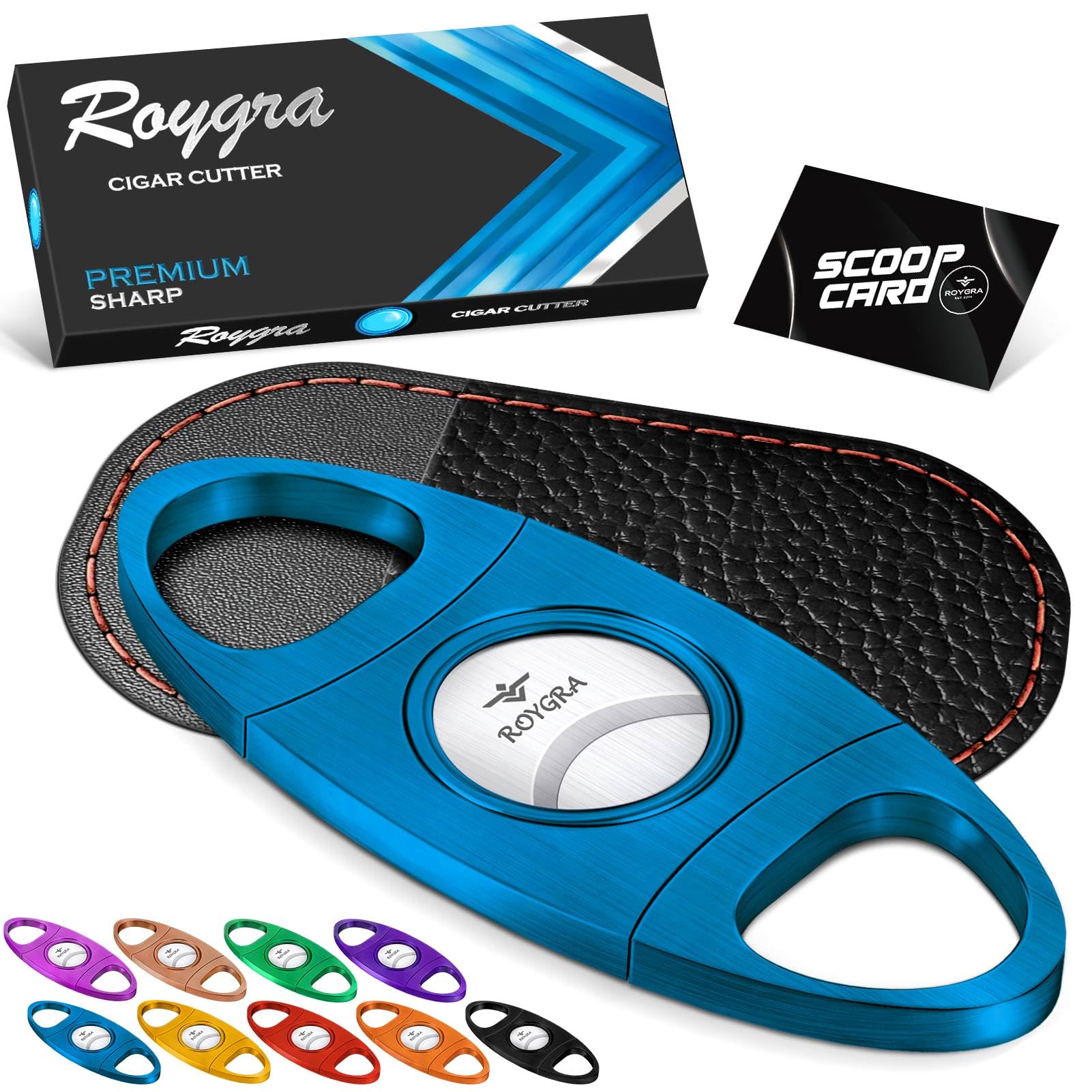 Photo 1 of roygra Cigar Cutter with Leather Protector, Stainless Steel Double Blade Guillotine (Blue)