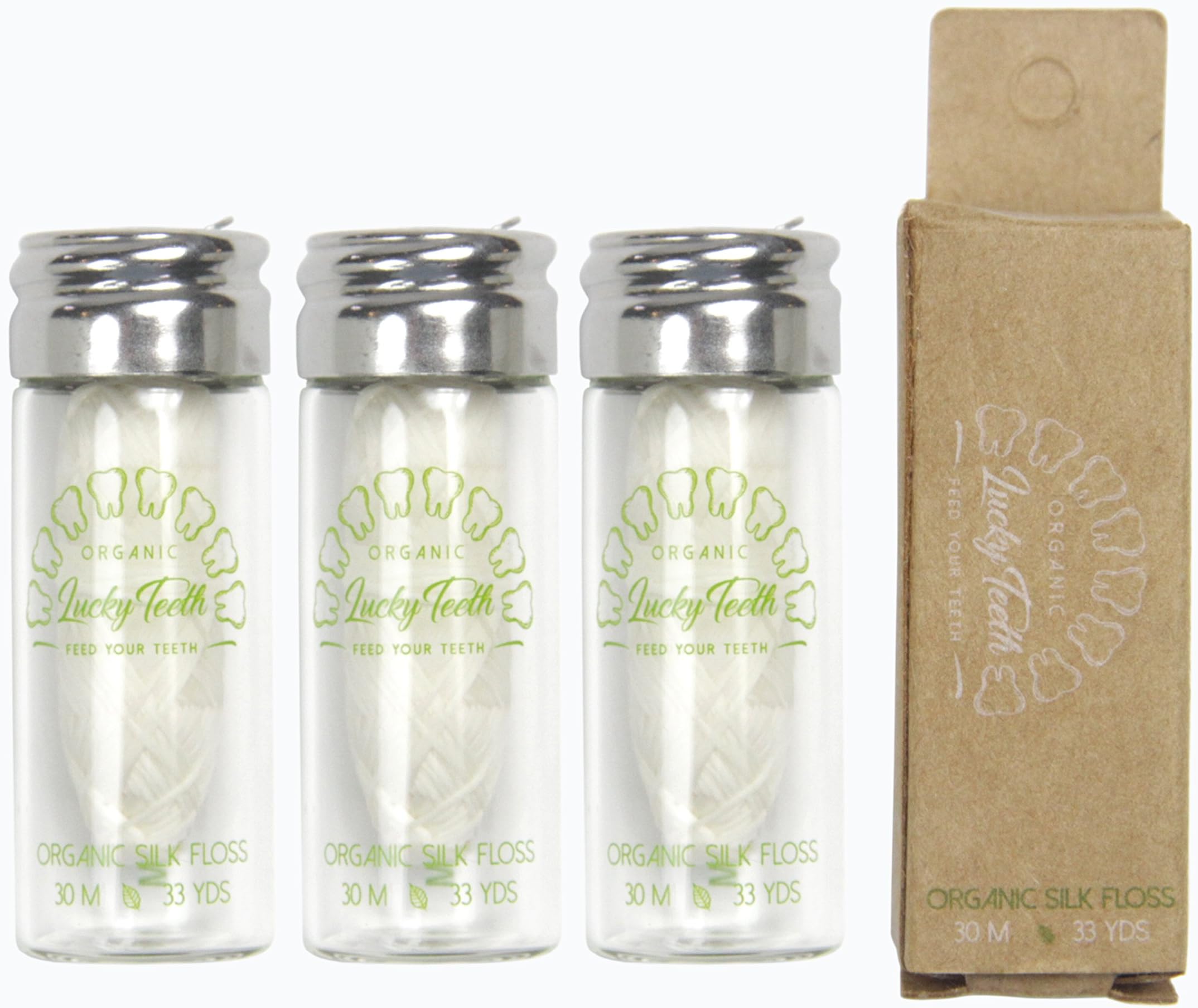 Organic Silk Floss in Glass Jar with Tea Tree and Peppermint Essential Oils 30 m / 33 yds - by Lucky Teeth (3 Pack)