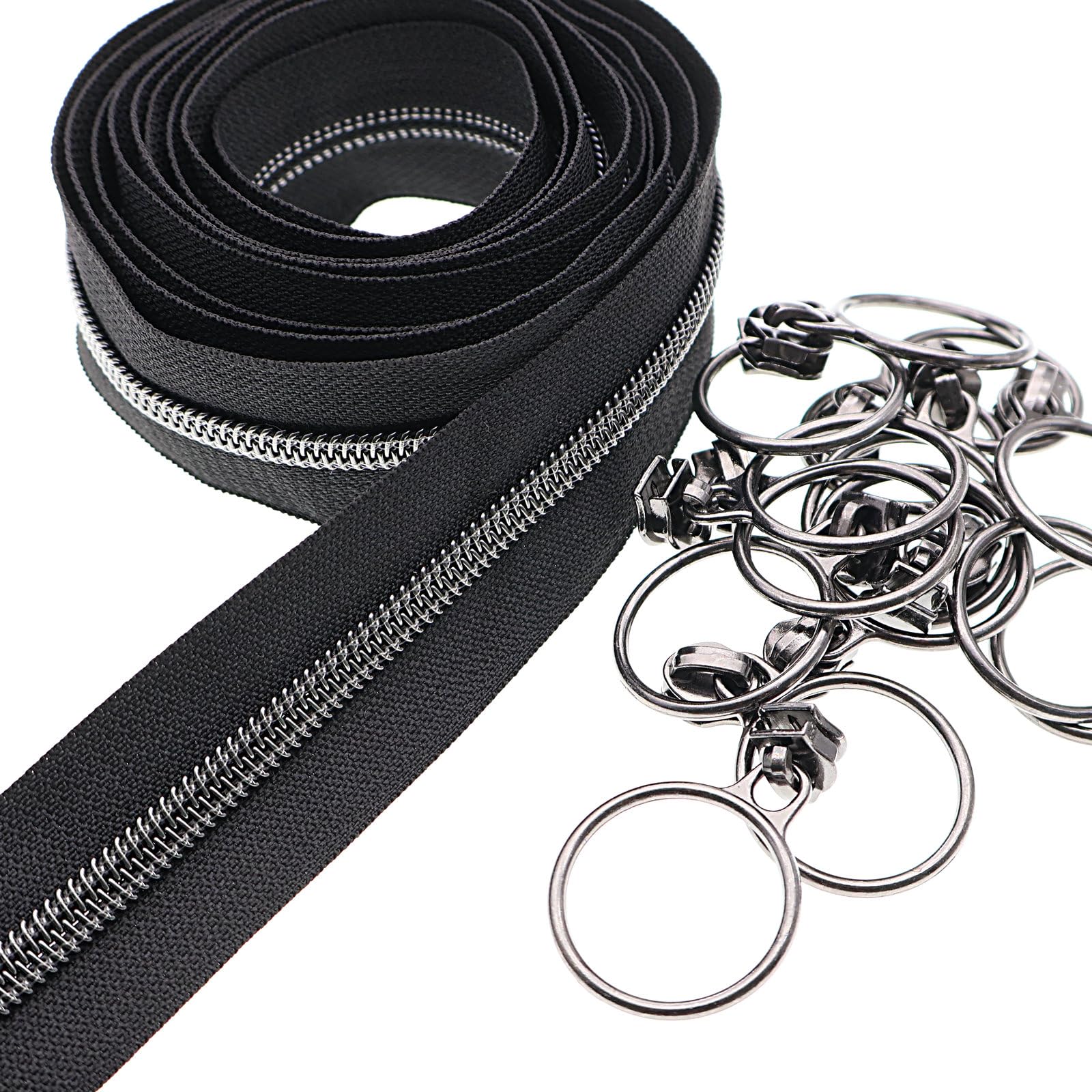 #5 Black Nickel Metallic Nylon Coil Teeth Zippers by The Yard Bulk 10 Yards Black Tape with 25pcs Nickel Sliders for DIY Sewing Tailor Craft Bag Leekayer — image 1