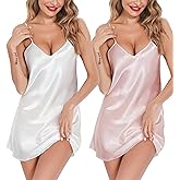 Lovasy Women's 2 Pack Silk Nightgown Sexy Lingerie Satin Sleepwear Negligee V Neck Chemise Nightwear Mini Slip Dress S-XXL