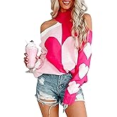 Seyumixi Women Heart Sweater Cold Shoulder Pullover Valentine Romantic Oversized Knitted Top Cute Love Print Sweaters