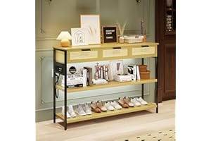 FREDEES Console Table with Outlets and USB Ports, Entryway Table with 3 Rattan Drawers and Lights, Narrow Sofa Table with 3 Tier Storage Shelves for Hallway/Couch/Living Room/Kitchen - Natural