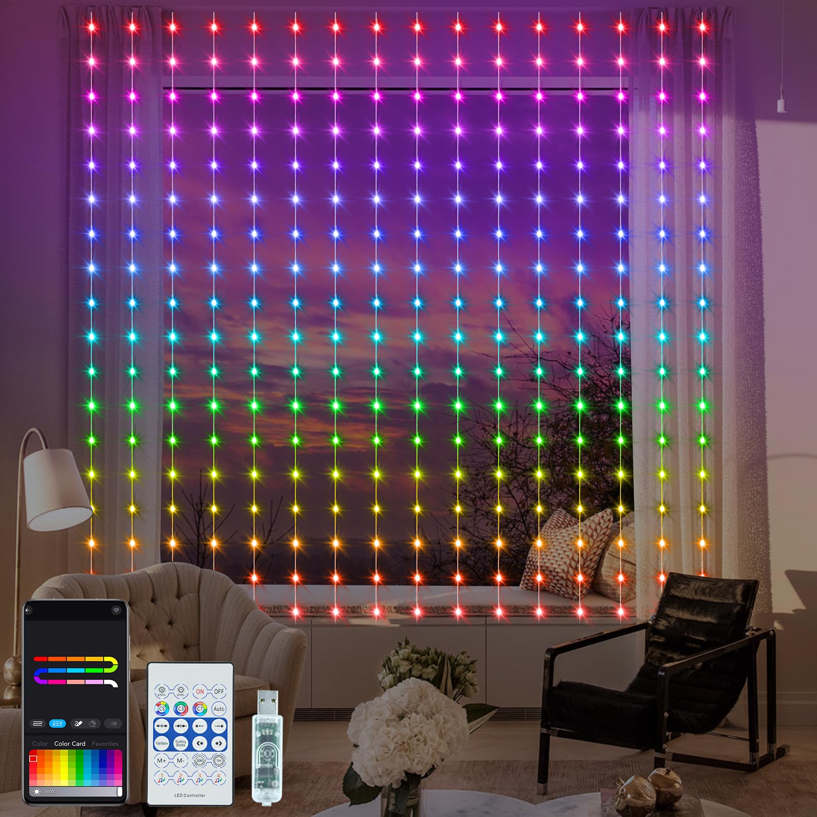 ZAIYW 144 LED Intelligent Light Curtain RGB 5050 with Integrated Chip, 2.4M x 1.8M Curtain Fairy Lights Remote Control and APP Control, Fairy Lights Curtain Indoor for Background Terrace Bedroom