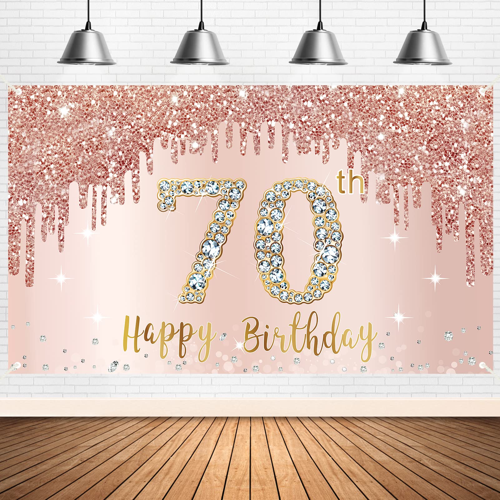 Photo 1 of Happy 70th Birthday Banner Backdrop Decorations for Women, Rose Gold 70 Birthday Party Sign Supplies, Pink 70 Year Old Birthday Poster Background Photo Booth Props Decor
