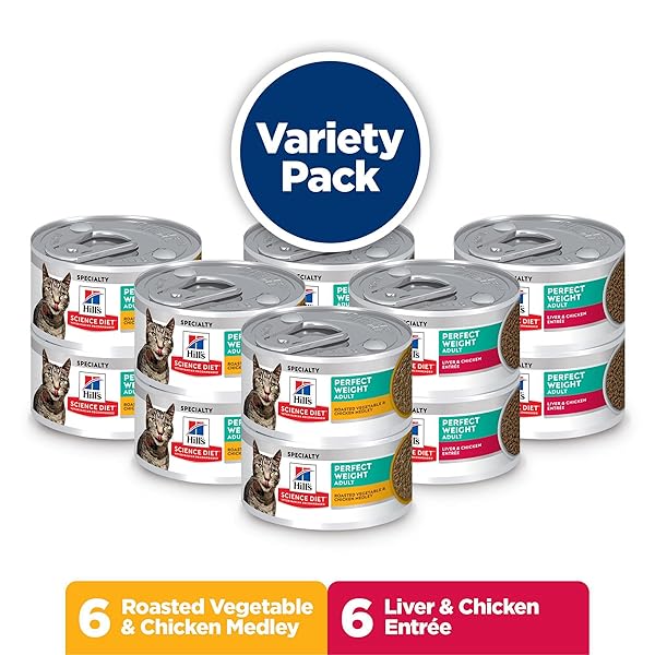 HILL’S SCIENCE DIET PERFECT WEIGHT, ADULT 1-6, WEIGHT MANAGEMENT SUPPORT, WET CAT FOOD, VARIETY PACK: LIVER & CHICKEN MINCED; CHICKEN STEW, 2.9 OZ. CANS, CASE OF 12