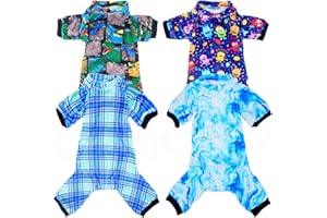 PET SHOW 4 Pack Small Dog Pajamas Cute Dinosaur Monster Clothes for Medium Dogs Soft Stretchy PJs Plaid Jumpsuit Puppy Cats Tie Dye Onesies Outfits with Sleeve Pets Dachshund Costume(M, Blue for Boys)
