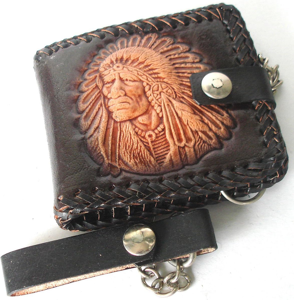 Biker / Trucker Cowhide Leather Bifold Chain Men's Wallet with Stitch Edge / from Thailand