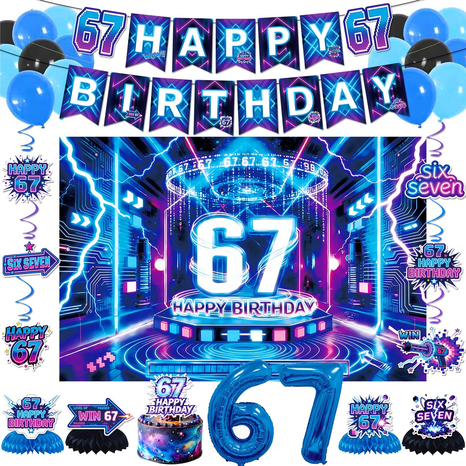 6 7 Birthday Decorations for Kids Six Seven Party Supplies i was 6 now i'm 7 Birthday Decorations Happy Birthday Banner, Balloons, Cake Topper & Table Decor for Boys Girls