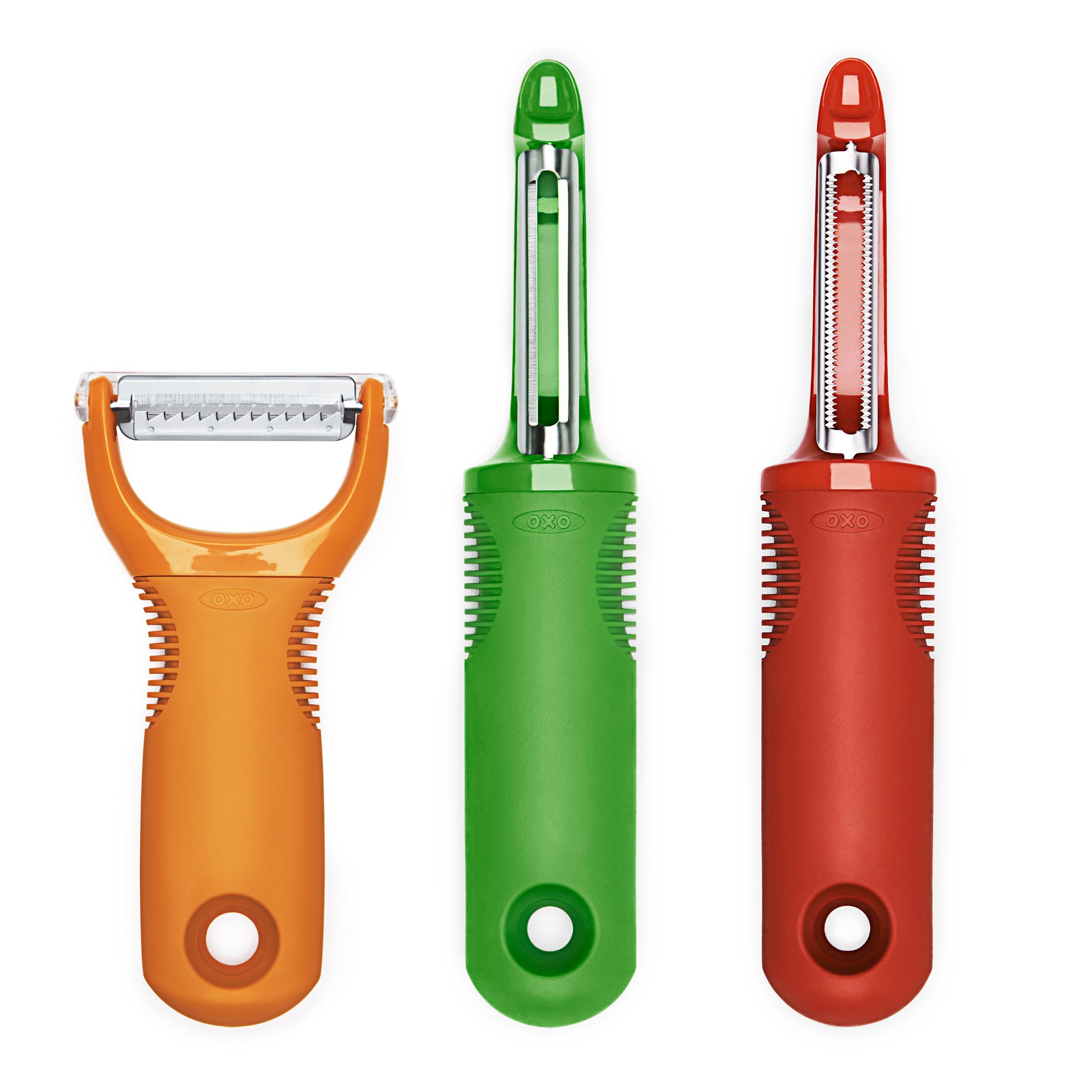 OXO Good Grips 3-Piece Peeler Set, stainless-steel, Green/Orange/Red, 10-inch