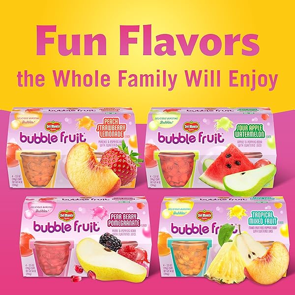 DEL MONTE BUBBLE FRUIT PEAR BERRY POMEGRANATE PEARS & POPPING BOBA WITH SWEETENED JUICE 4-3.5 OZ. CUPS, RED