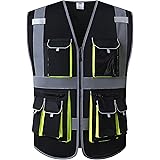 JKSafety 10 Pockets High Visibility Zipper Front Black Safety Vest with High Reflective Strips Meets ANSI/ISEA Standards (Med
